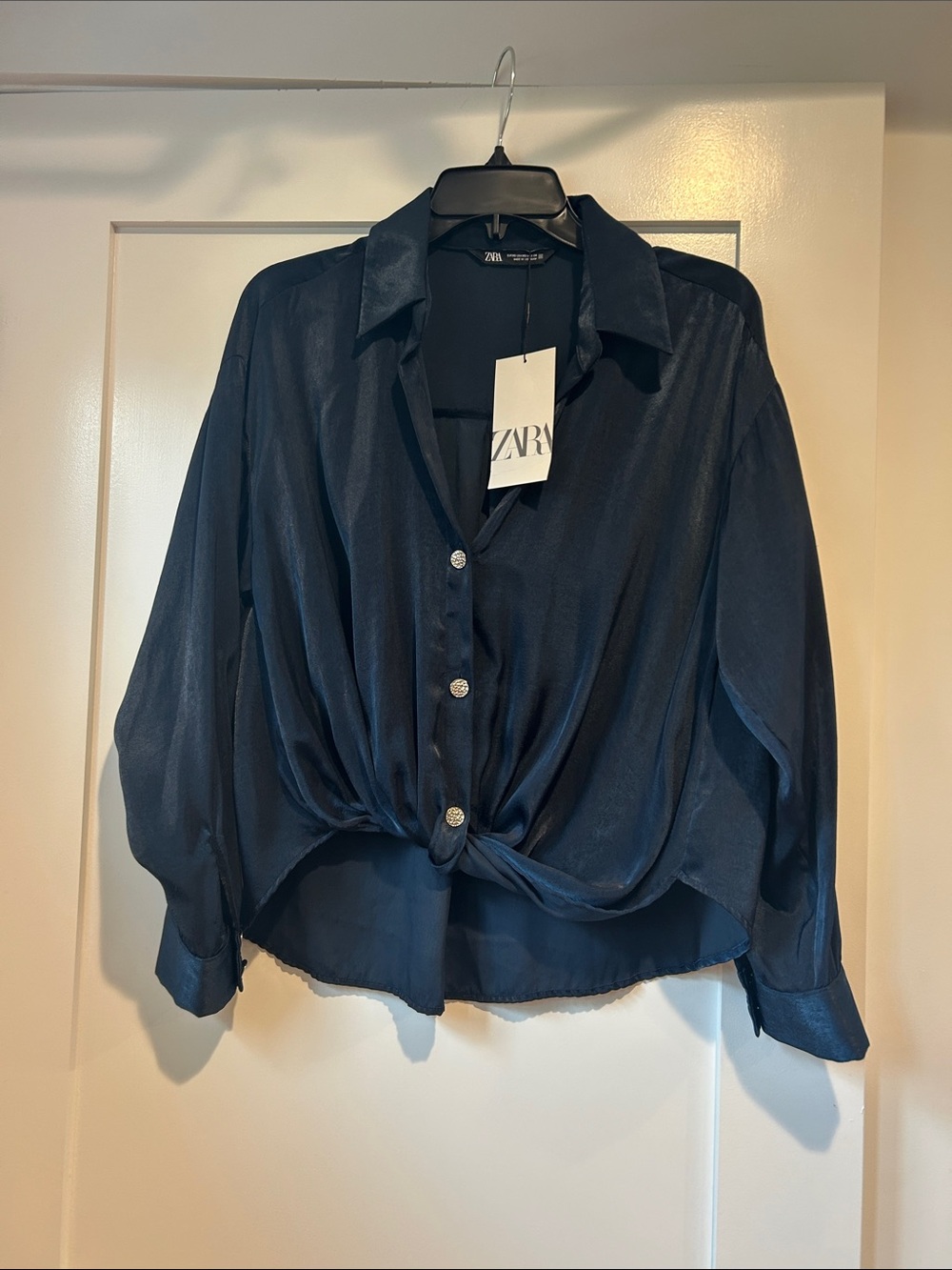 NWT Zara Navy Blouse with Silver Ornate Buttons and Front Knot Hem